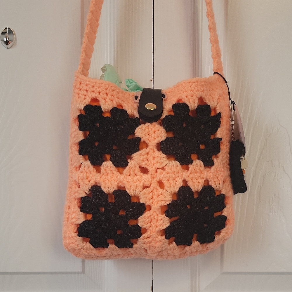Handmade Peach and Black Crochet Bag